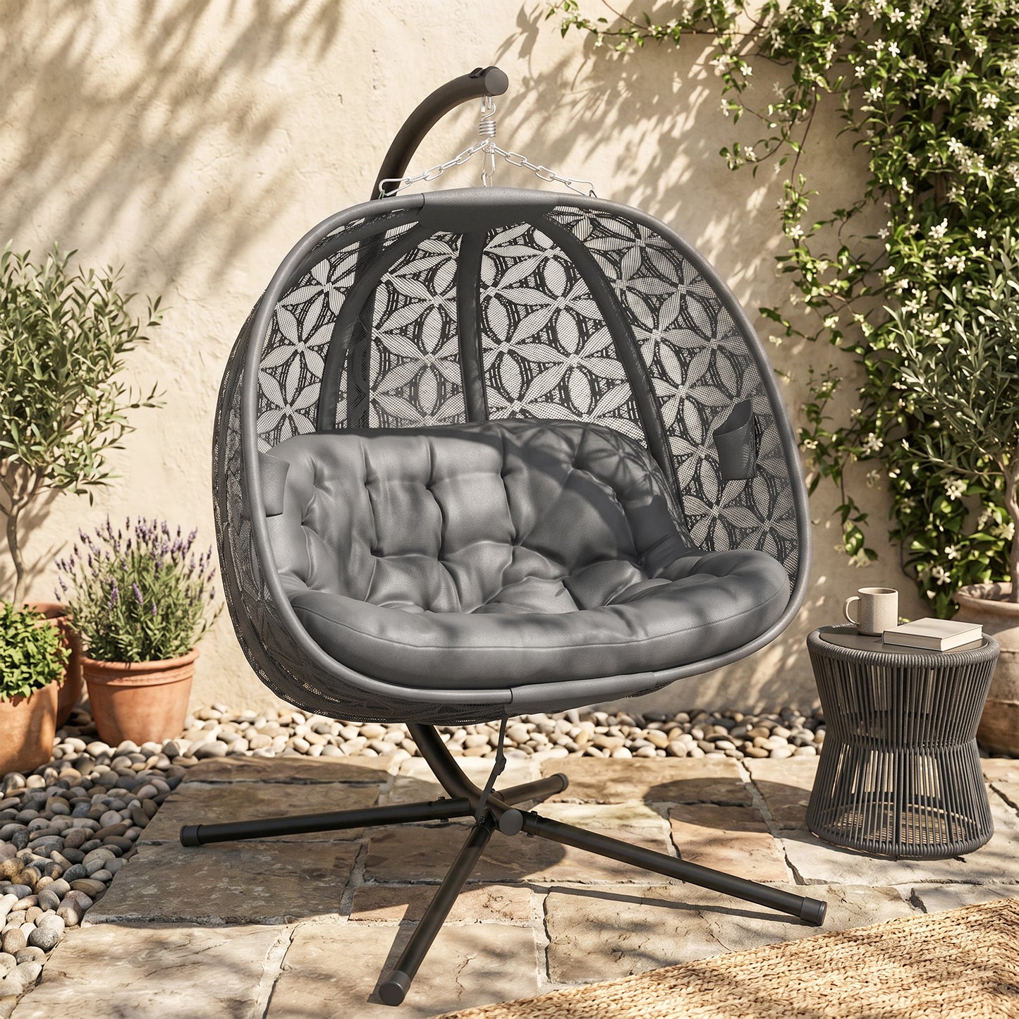 Outsunny Outdoor Double Hanging Chair With Cushion And Cup Holders Charcoal Grey