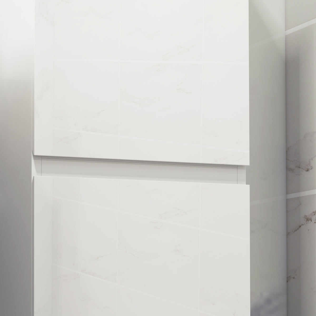 White tall bathroom cabinet front with smooth panel doors and concealed handles