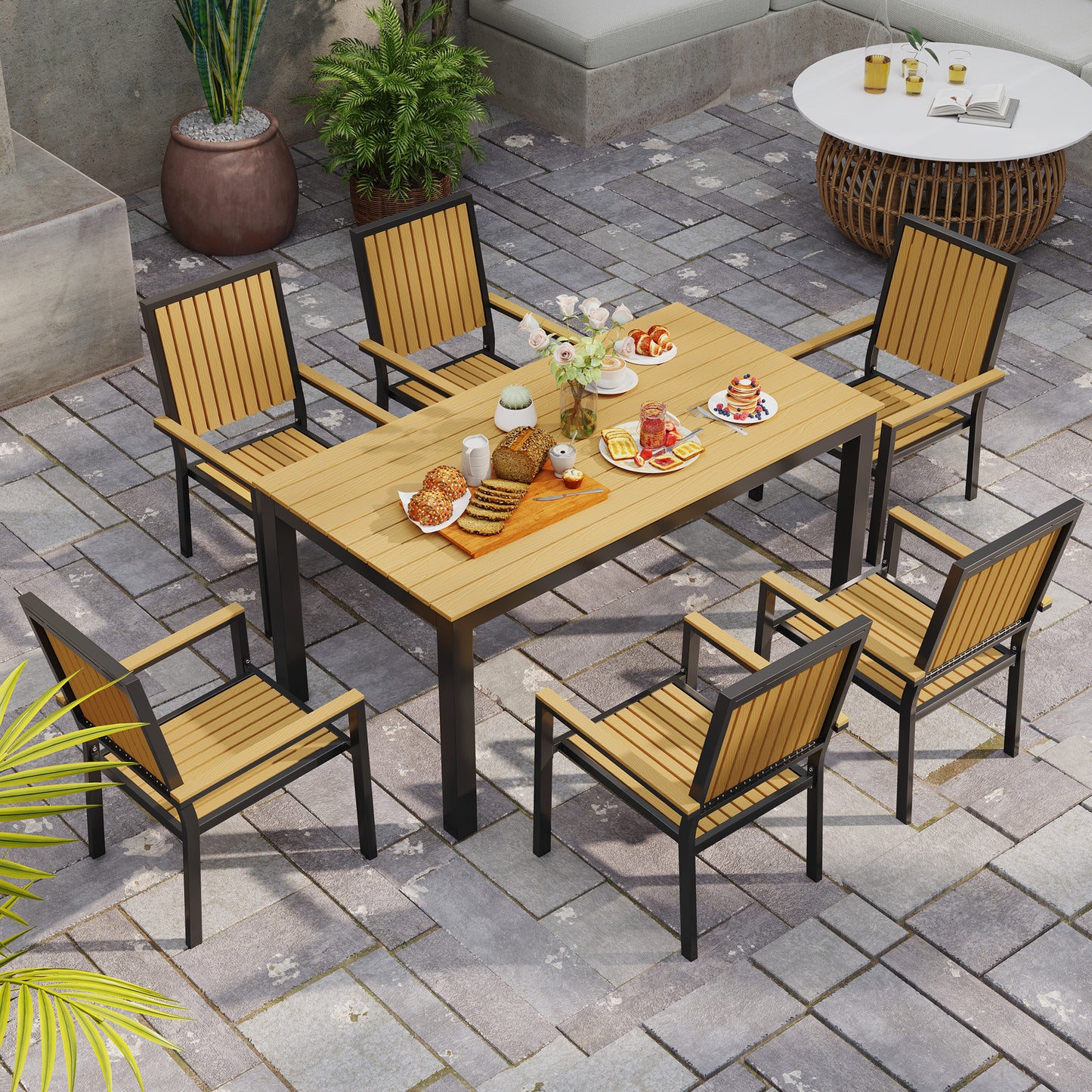 Outsunny 6 Seater Garden Dining Set With Aluminium Frame Rectangular Wood Plastic Composite Top And Stackable Chairs