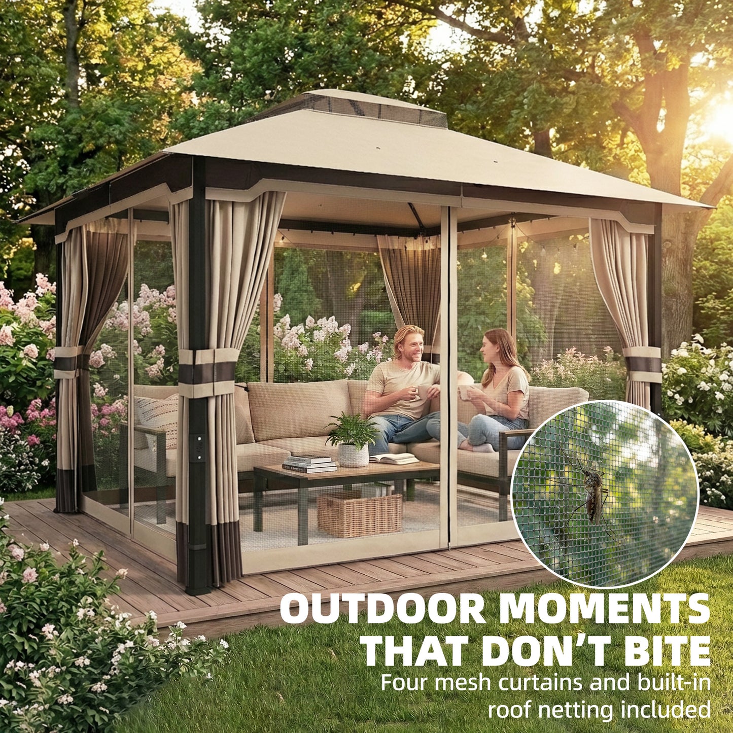 Outsunny 3 by 3.6 m Outdoor Garden Gazebo with Netting and Curtains Permanent Pavilion Two Tier Roof Khaki