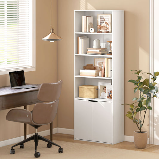 HOMCOM 6 Tier Tall Bookcase With Open Shelves And Double Door Storage Cabinet Freestanding Rack White 59 x 29 x 180 cm