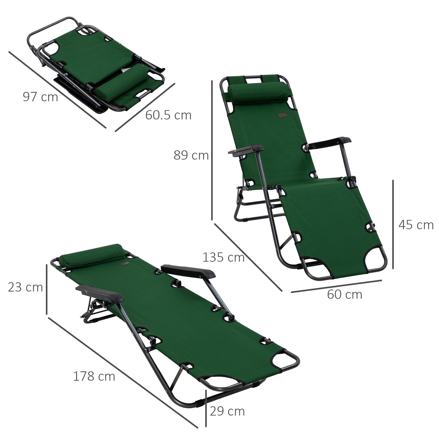 Outsunny Adjustable Folding Sun Lounger Chairs Set of 2, Green with Pillow for Ultimate Comfort - ALL4U RETAILER LTD