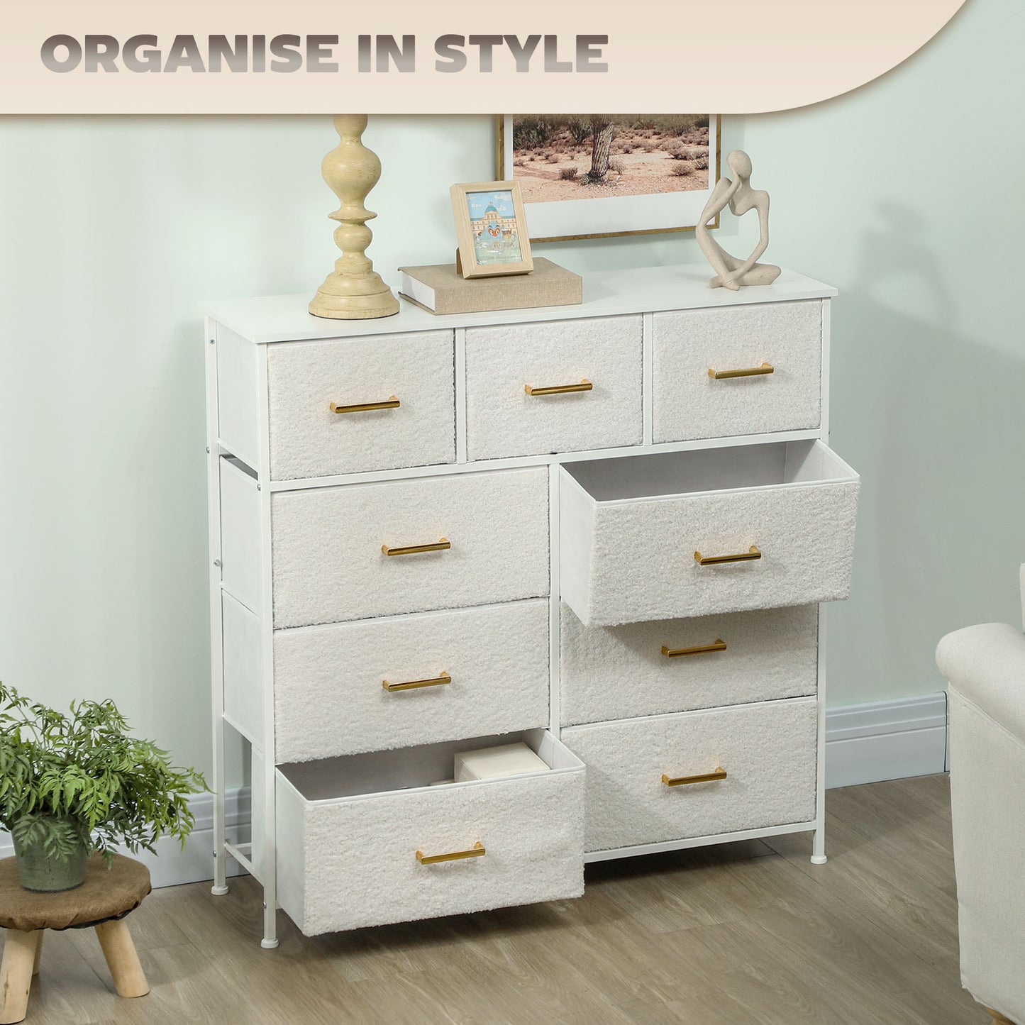 HOMCOM Chest Of Drawers With 9 Fabric Drawers Boucle Storage Organizer Steel Frame Cream White Dresser For Bedroom