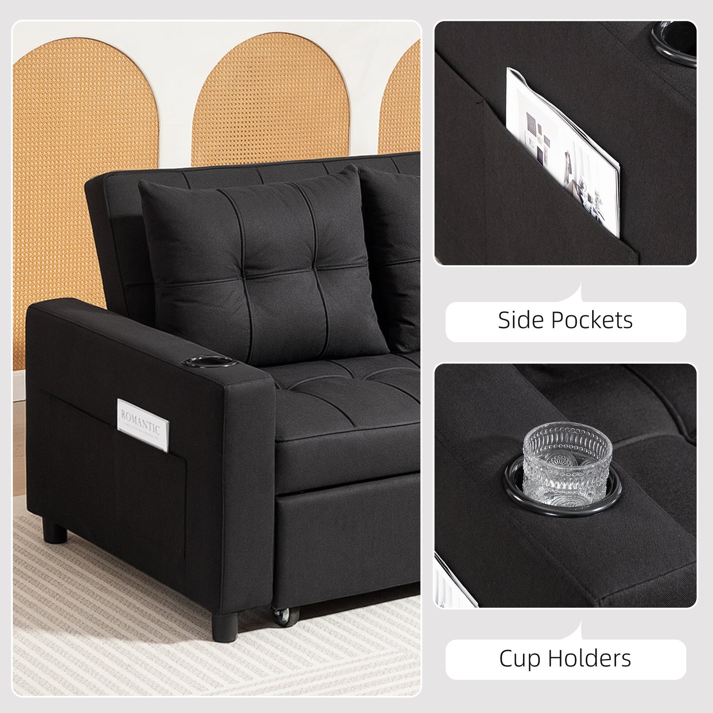 HOMCOM Two Seater Pull Out Sofa Bed In Black With 157 X 190 Cm Bed Size And High Density Foam Cushioned Comfort