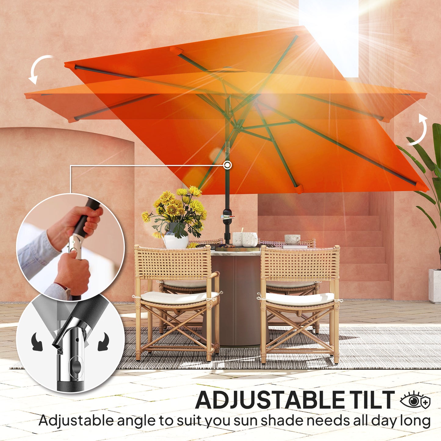 Outsunny 3x2m Patio Parasol Garden Umbrella With Aluminium Tilt Crank Rectangular Canopy Steel Frame Orange