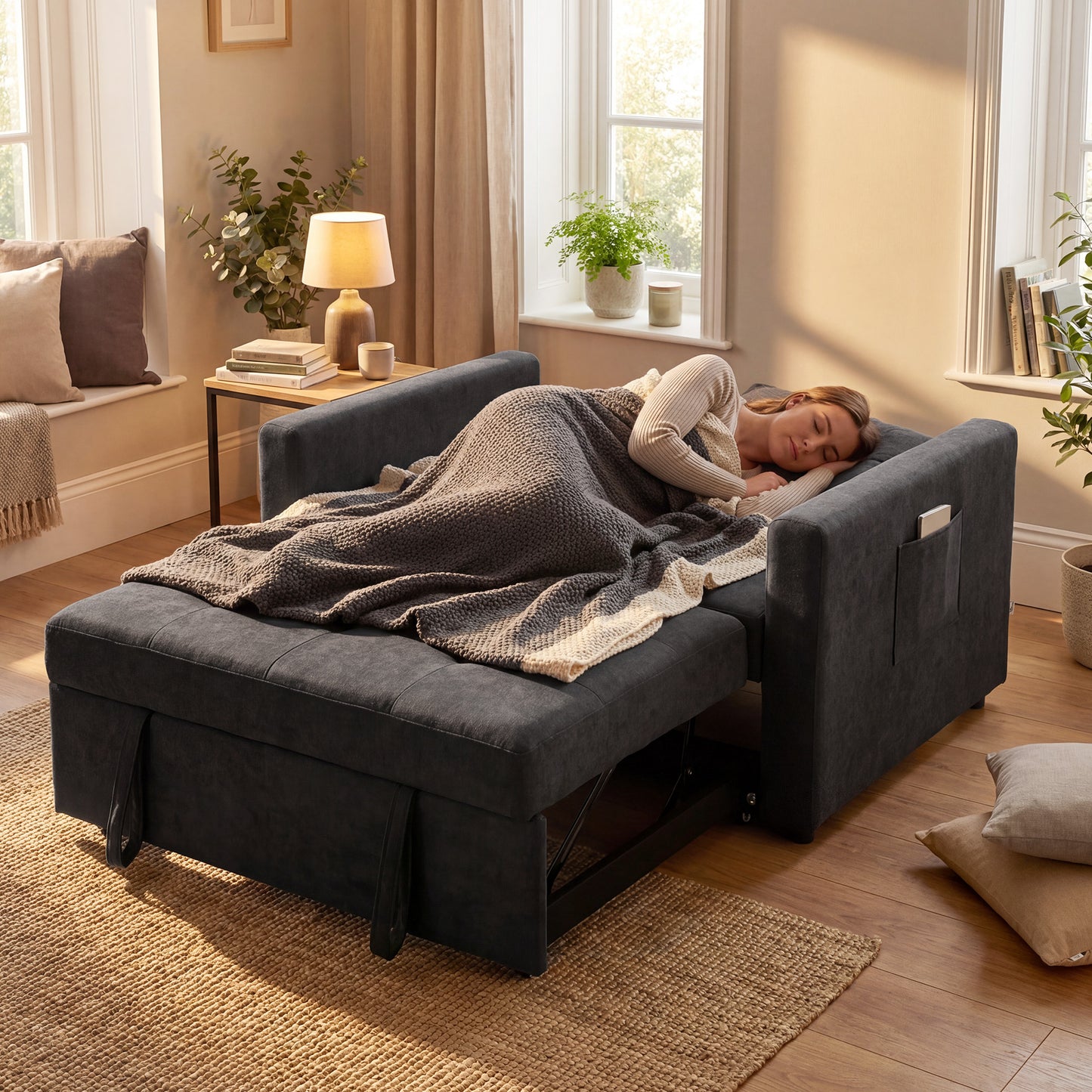 HOMCOM Loveseat Sofa Bed Convertible Settee With 2 Pillows And Side Pockets Black