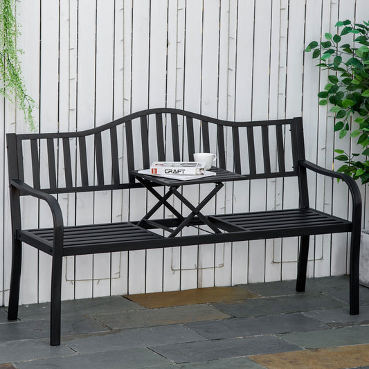 Outsunny Metal Outdoor Bench with Liftable Middle Table, Patio Loveseat, Garden Bench for Garden, Porch, Seats 2â€“3 People, Black