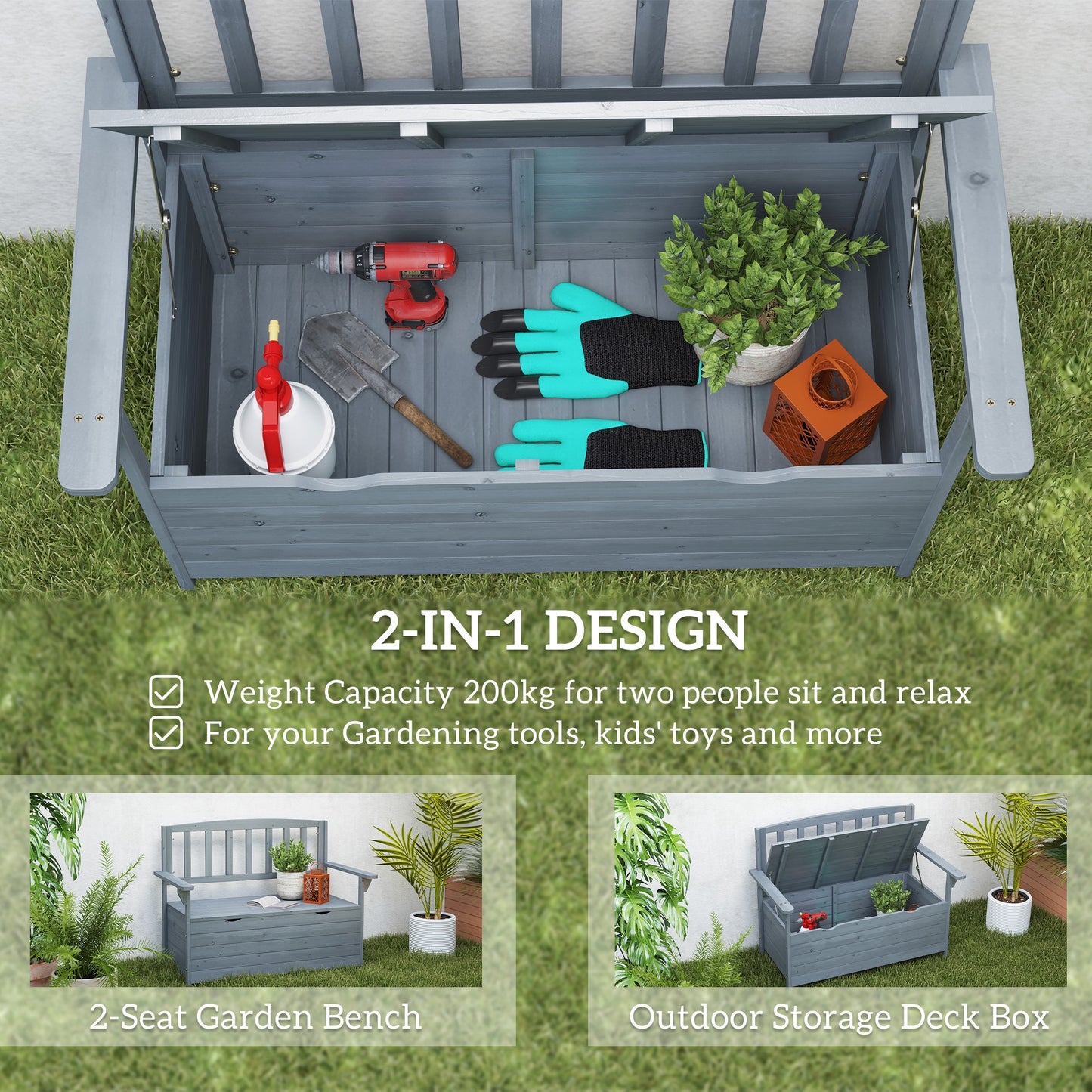 Outsunny Two Seater Garden Storage Bench Built From Fir Wood With Hidden Tool Storage Grey