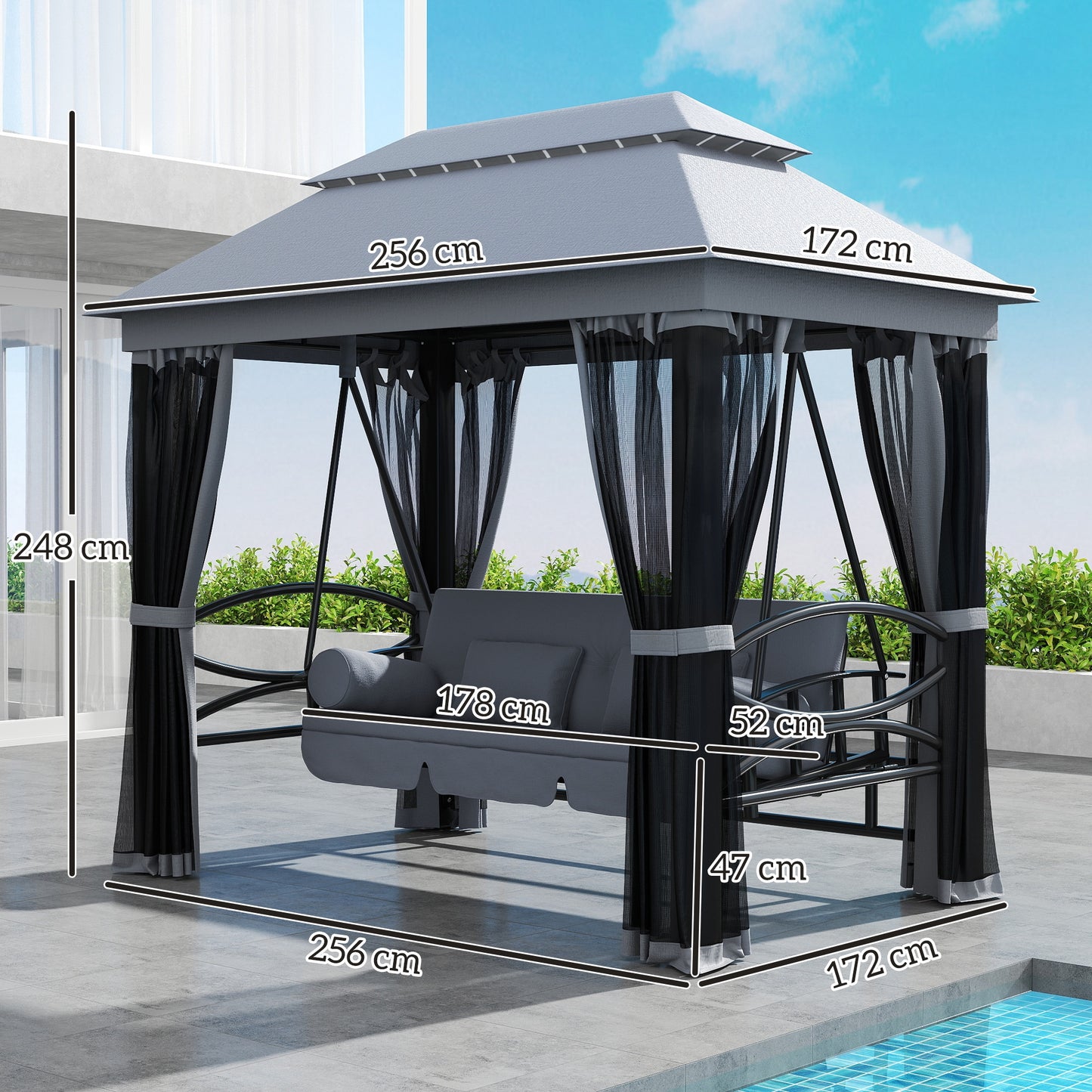 Outsunny 3 In 1 Seater Swing Chair Gazebo Lounger With Cushioned Seat And Waterproof Canopy Grey