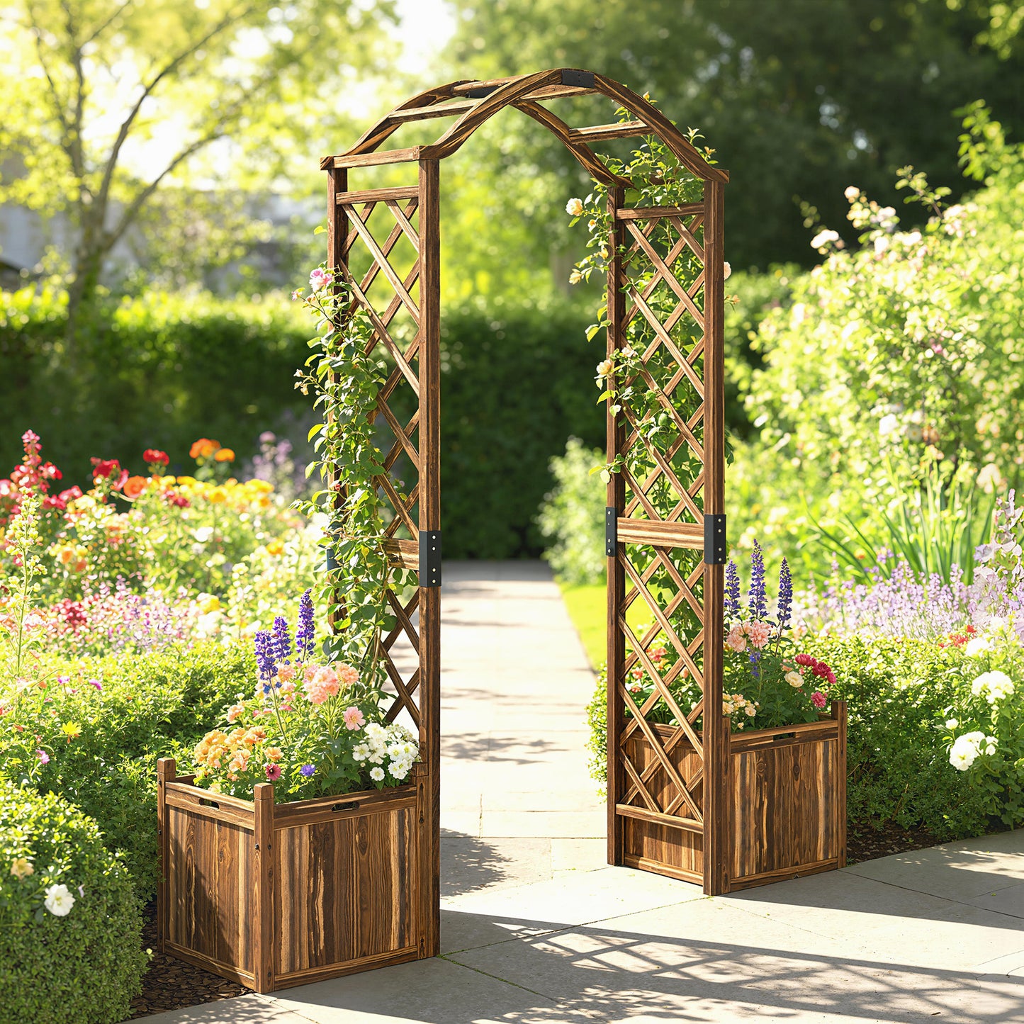 Outsunny Wooden Garden Arch With Two Planter Boxes Outdoor Rose Arch Trellis For Climbing Vines Carbonised Finish