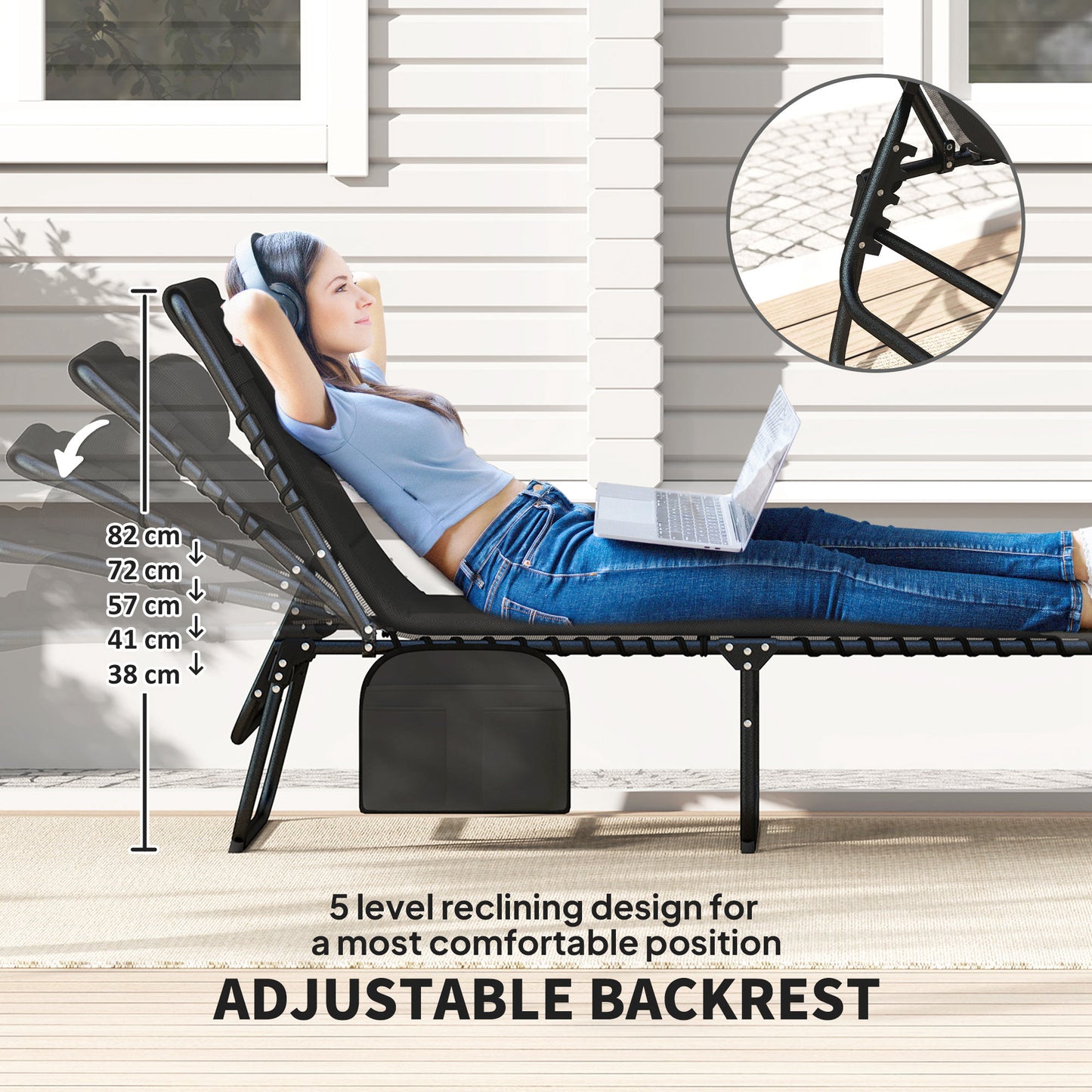 Outsunny Set Of Two Reclining Sun Loungers In Black With Five Position Adjustable Backs And Side Pockets