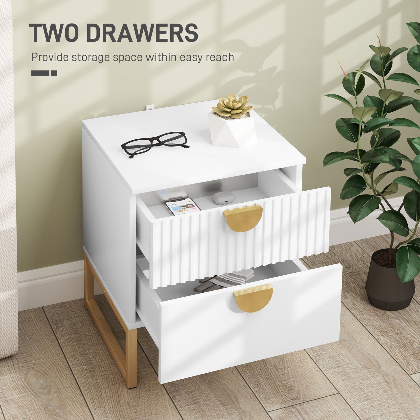 HOMCOM Elegant Two Drawers Bedside Table White With Gold Handles And Metal Base Frame