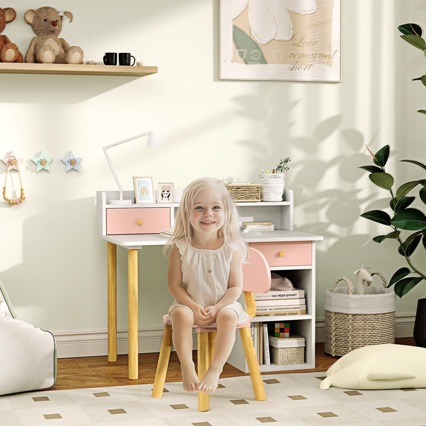 AIYAPLAY Pink 2 Piece Kids Desk With Hutch And Chair Set Storage Drawers Shelves For Ages 3 To 8