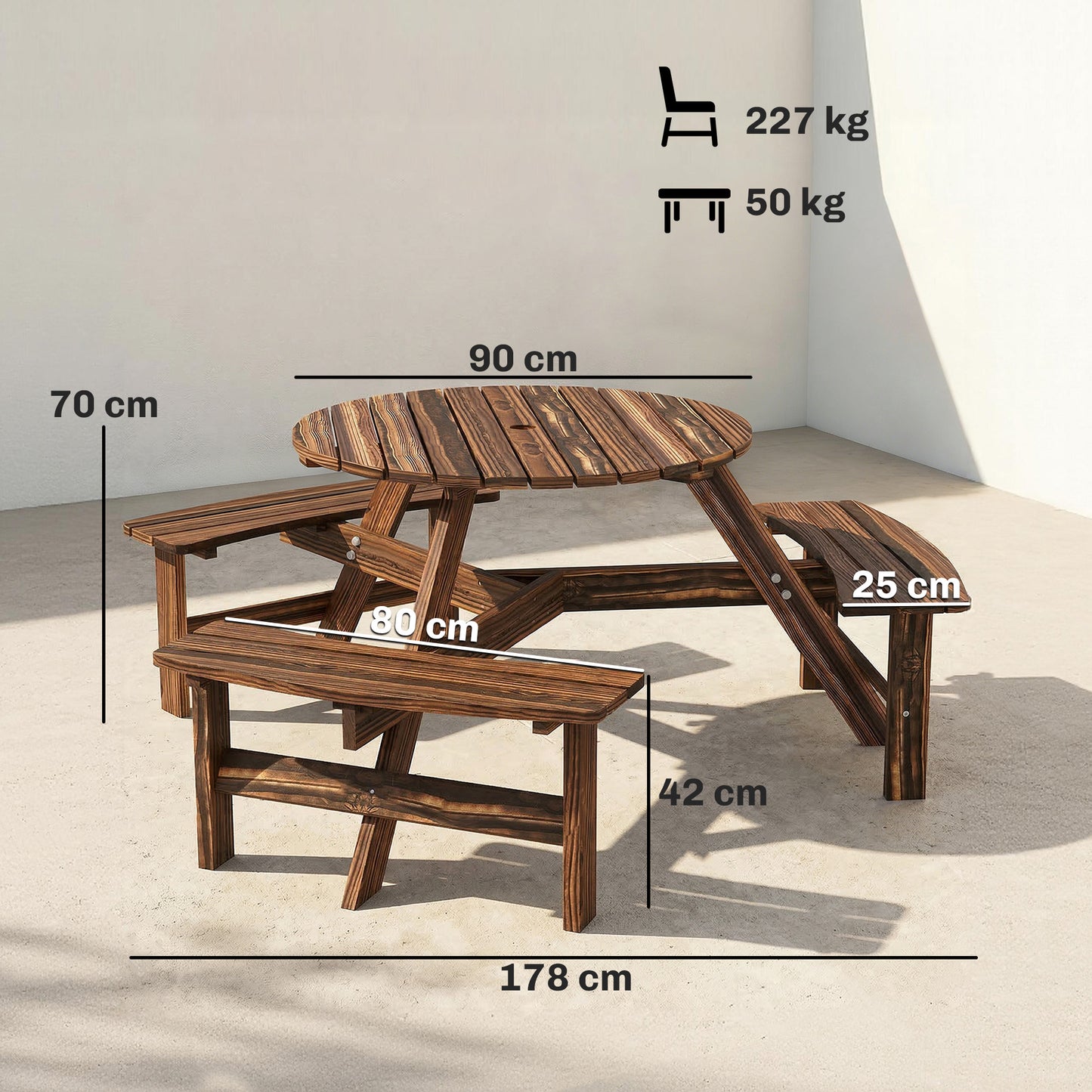 Outsunny 6 Seater Wooden Round Dining Set with Bench and Parasol Hole for Outdoor Garden Patio Carbonized