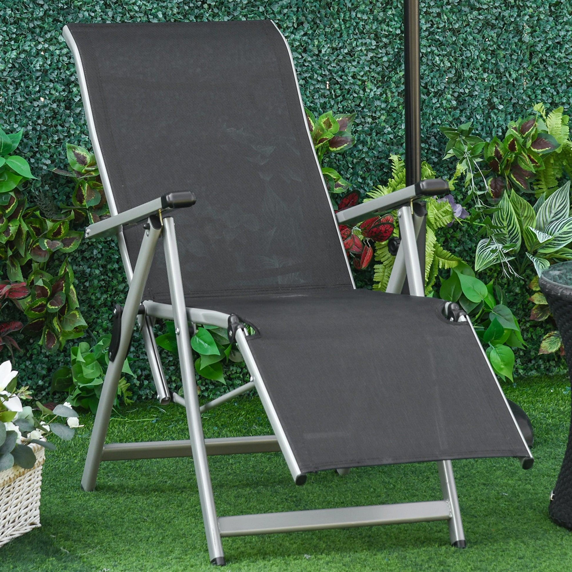 Outsunny 10-Position Sun Lounger with Footrest - Black/Grey - ALL4U RETAILER LTD