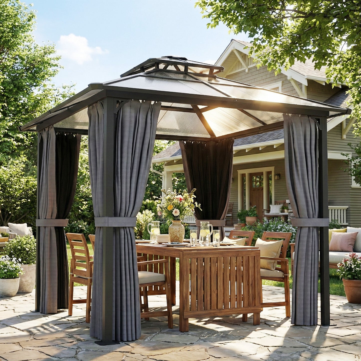 Outsunny 2.5m By 2.5m Hardtop Gazebo With Double Polycarbonate Roof And Drainage System Permanent Pavilion Dark Grey