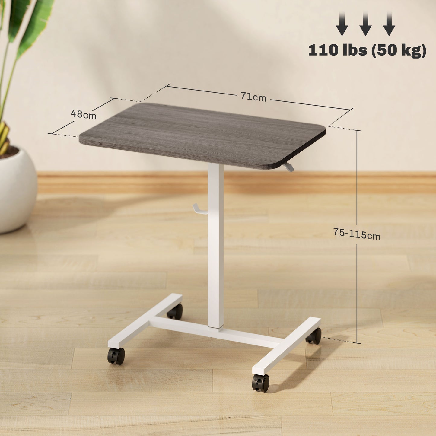 HOMCOM Adjustable White/Grey Sit-Stand Desk with Wheels - 75-115cm