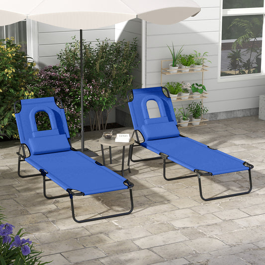 Outsunny Adjustable Outdoor Sun Lounger Set of 2 with Pillow and Reading Hole - Blue - ALL4U RETAILER LTD