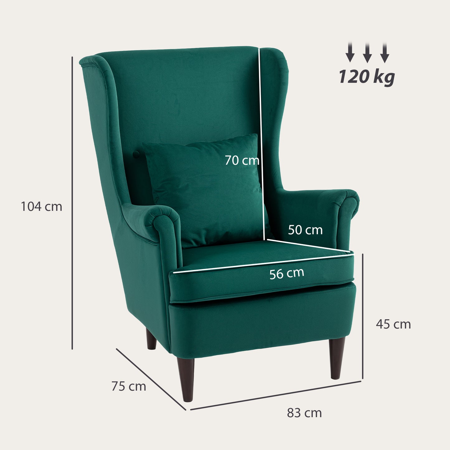 HOMCOM Modern Accent Chair With High Back Wingback Design Velvet Feel Upholstery Green Solid Wood Legs