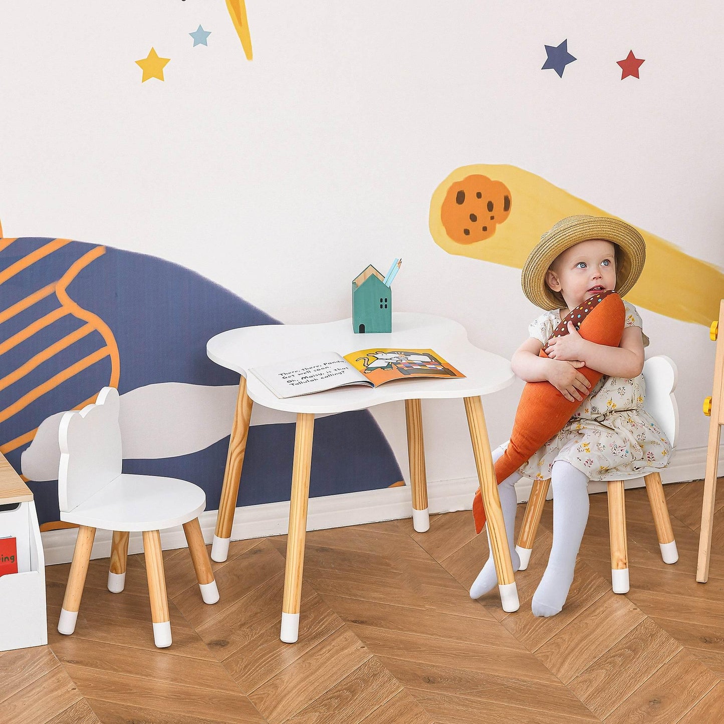 HOMCOM White 3-Piece Kids Table and Bear Chair Set for Toddlers - ALL4U RETAILER LTD
