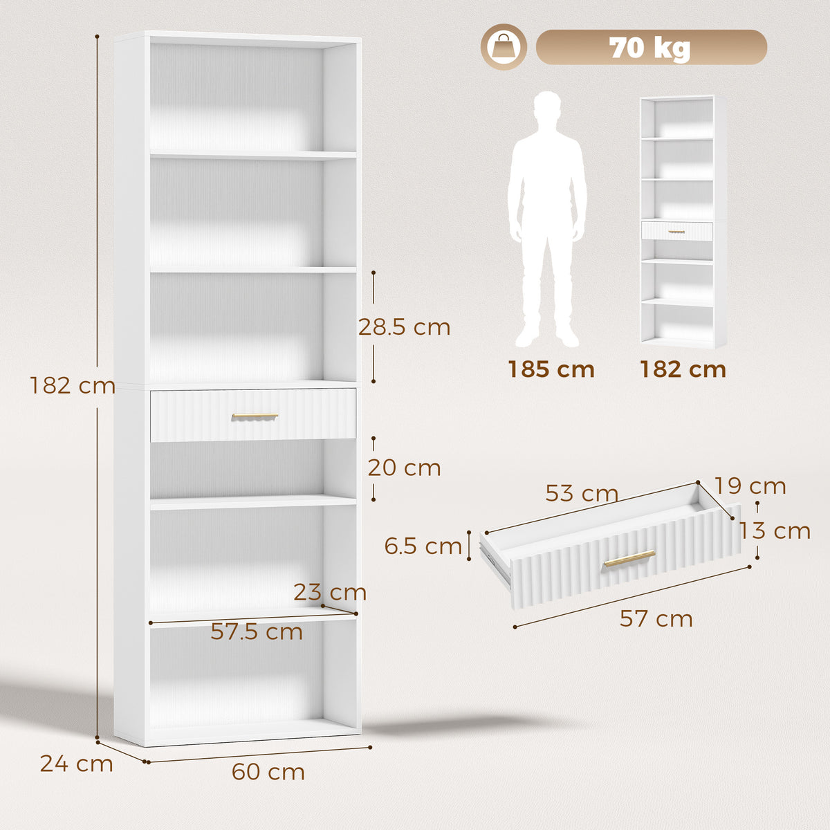 Homcom Tall Narrow Bookshelf With Drawer 7 Tier White Storage Rack