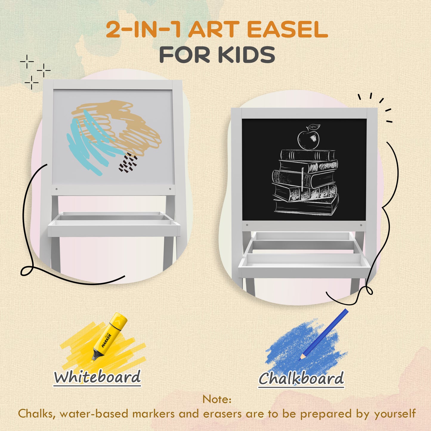 AIYAPLAY Kids Easel With Double Sided Whiteboard Chalkboard 2 In 1 Standing Easel For Toddlers 18 48 Months White