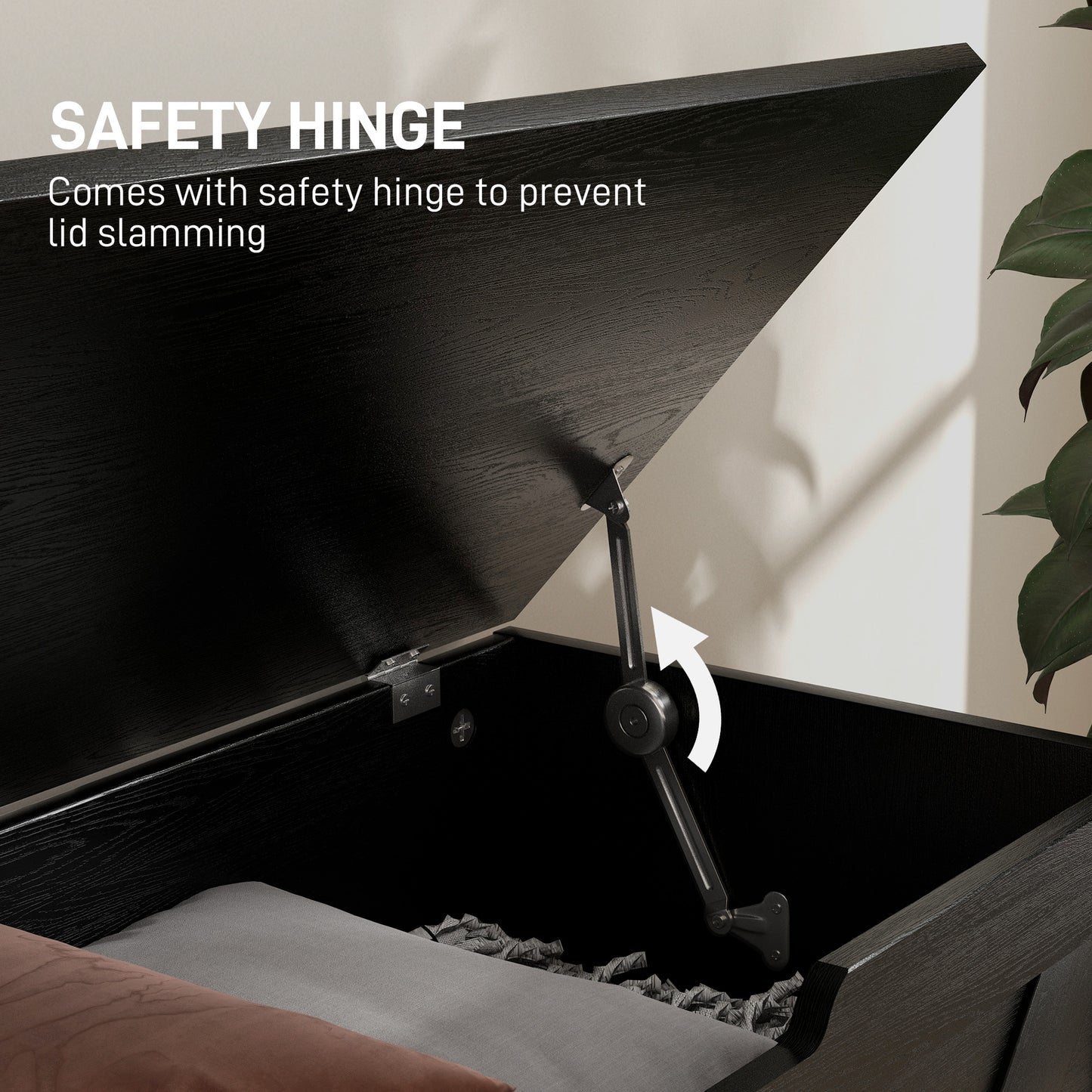 HOMCOM 100L Storage Ottoman Bench With Safety Hinges Black Wood Effect For Living Room Storage And Seating