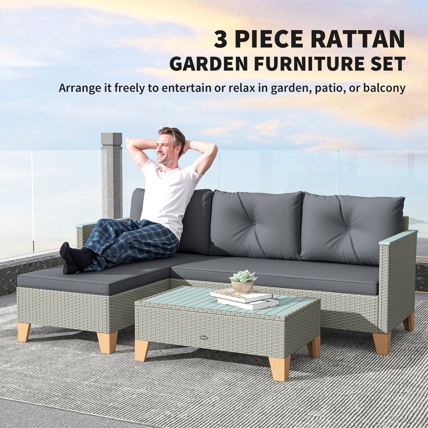 Outsunny 3 Piece Rattan Garden Furniture Set L Shaped Sofa Chaise Lounge With Wood Top Coffee Table Charcoal Grey