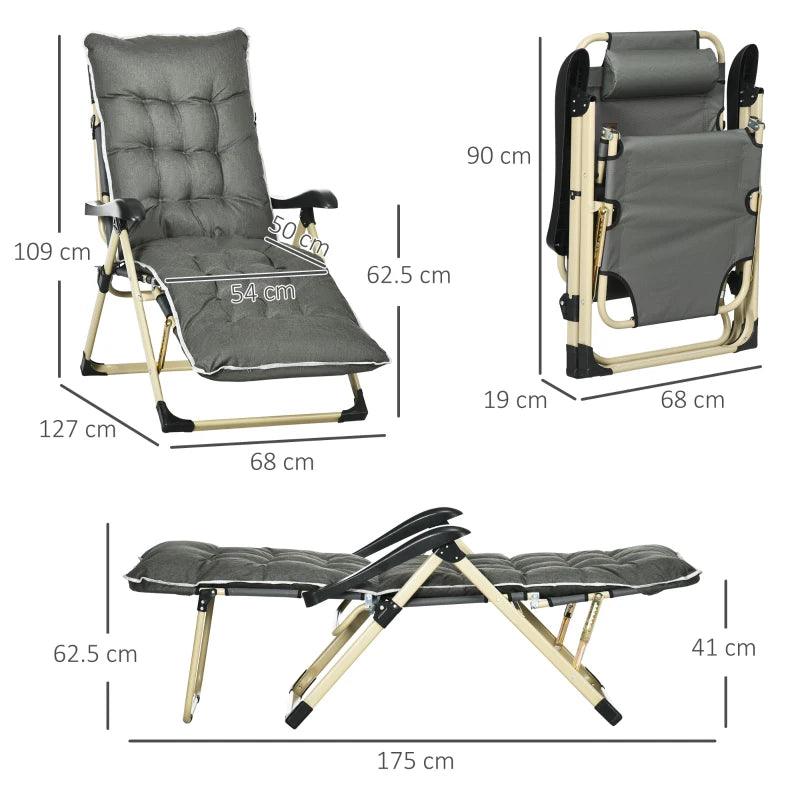 Outsunny Outdoor Reclining Sun Lounger Chair - Folding Garden Recliner with Cushion, Pillow, Adjustable Backrest, and Footrest for Patio, Deck, Poolside in Grey - ALL4U RETAILER LTD