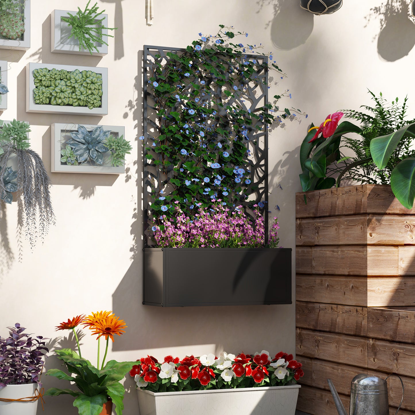 Outsunny Outdoor Metal Planter With Back Trellis Black Garden Box 23x58cm For Climbing Vines Holds 32L Soil