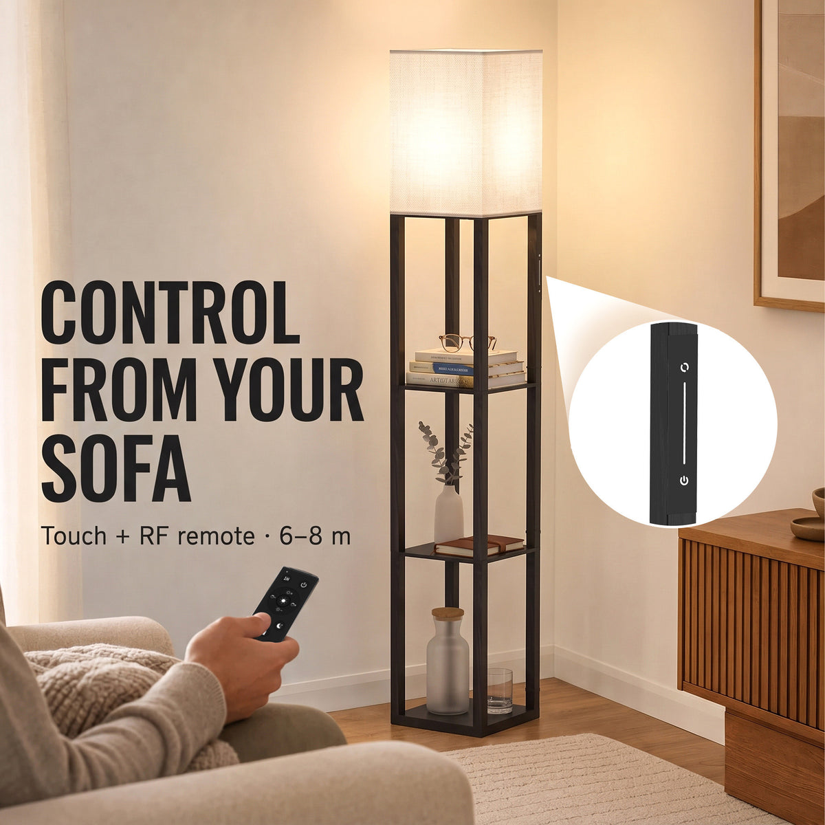 Black floor lamp with 3 open shelves, glowing shade, remote control visible