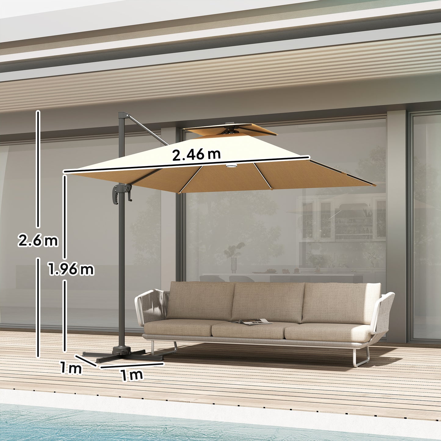 Outsunny 2.5m Cantilever Parasol With Solar Powered LED Lights 360 Degree Rotation Tilt Adjustment Crank Khaki