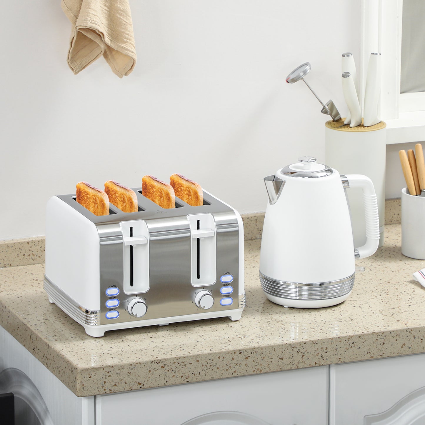 HOMCOM Stainless Steel Panel Kettle And Toaster Set White 1.7L Kettle With UK Strix Thermostat Auto Shut Off
