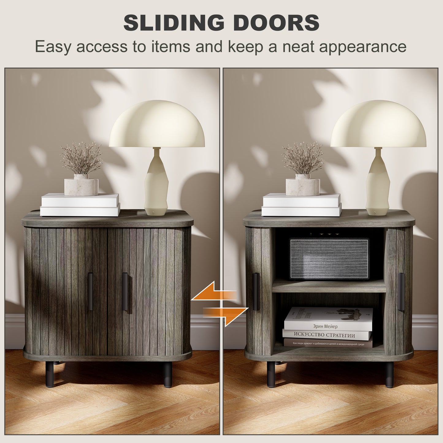 HOMCOM Nightstand With Sliding Doors And Metal Legs Grey Two Tier Bedside Table Nordic End Table