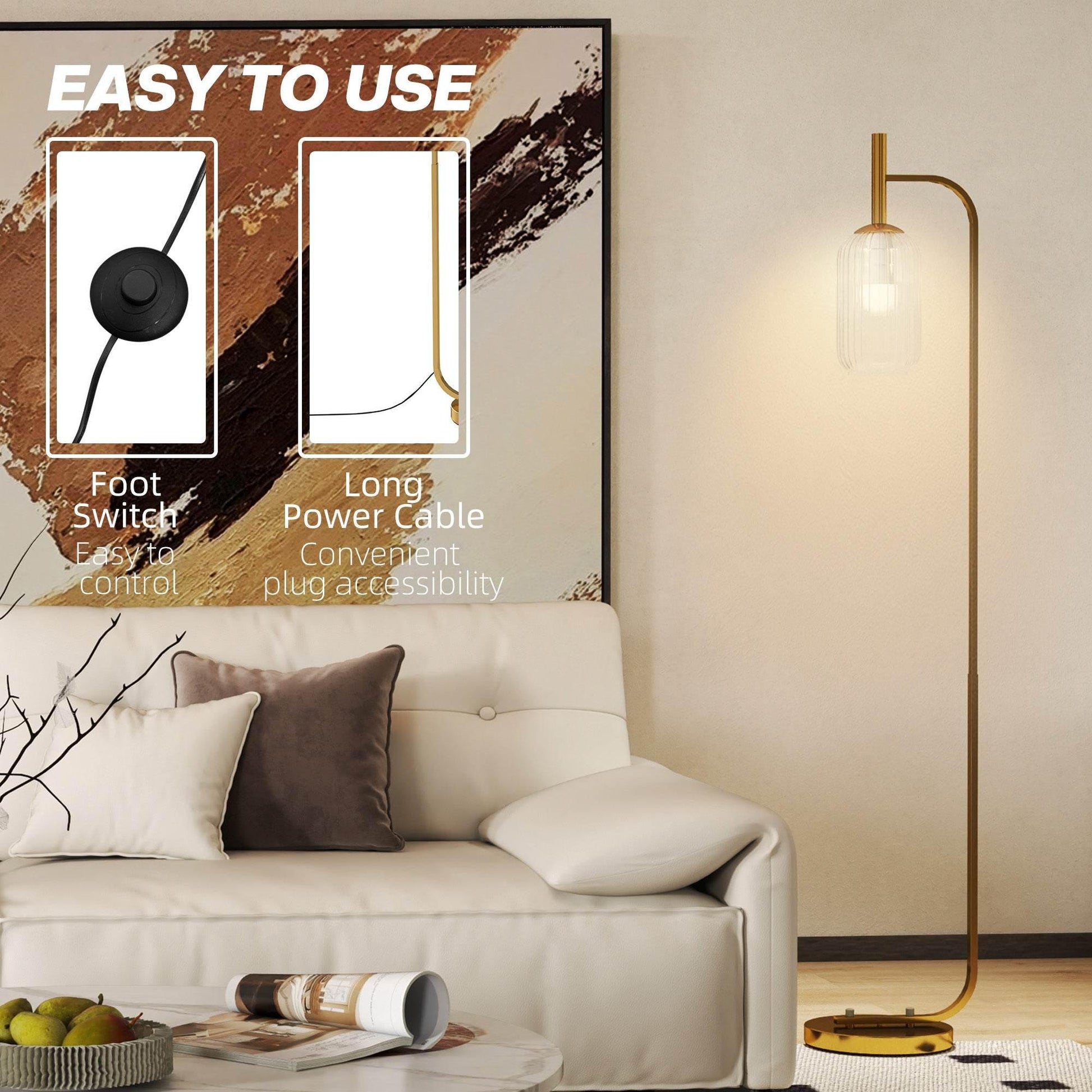 Modern Gold Tone Floor Lamp with Glass Shade and Foot Switch for Living Room and Bedroom - ALL4U RETAILER LTD
