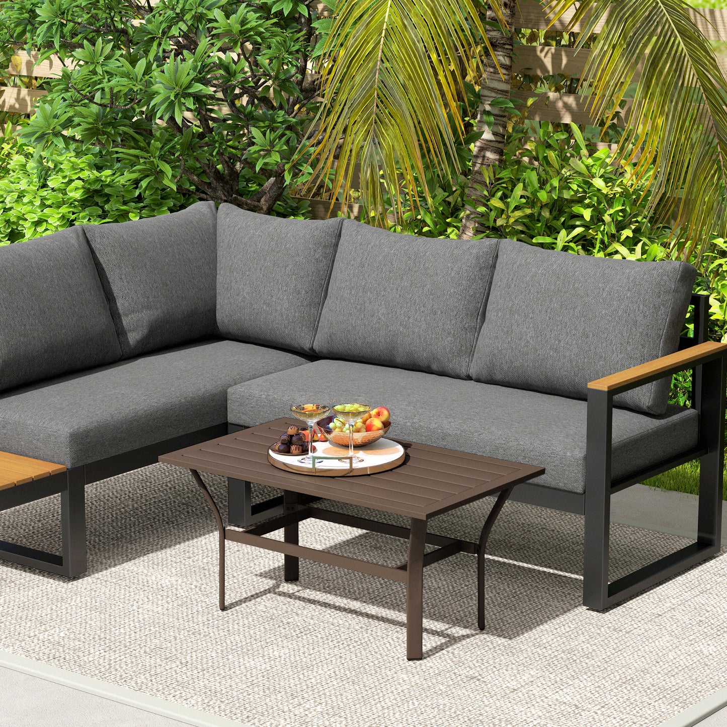 Outsunny Metal Garden Coffee Table 91.5 x 55 x 45 cm Slatted Top Weatherproof Outdoor Side Table Brown
