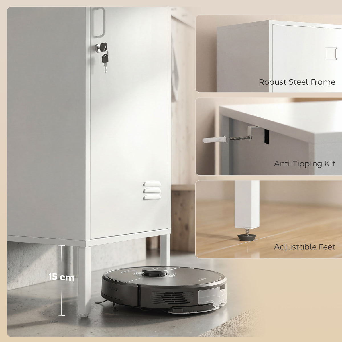White single metal locker cabinet with lockable door and adjustable feet base.