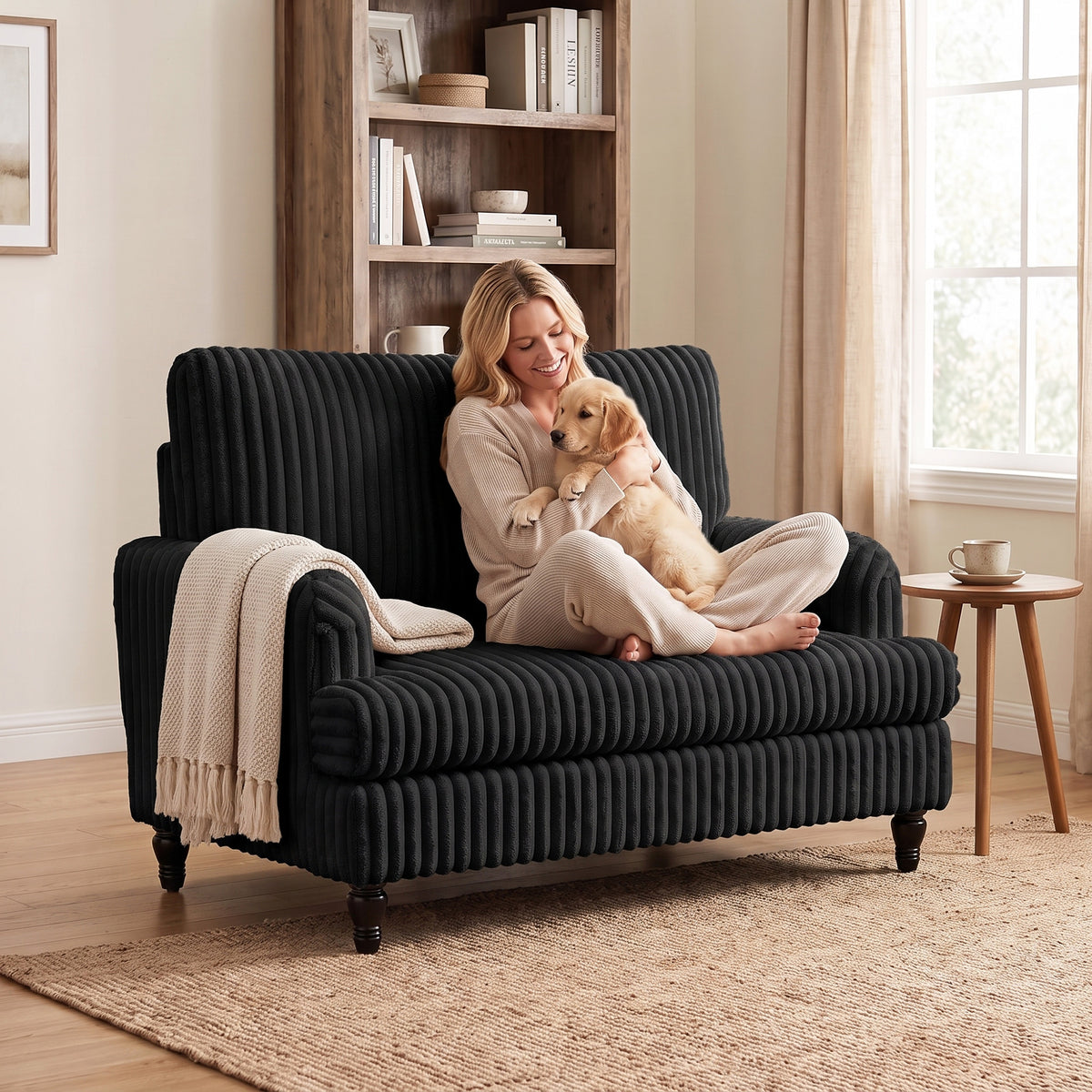 Black corduroy accent armchair with wide seat, rolled arms, ribbed design