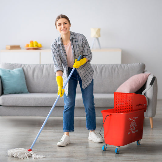 HOMCOM Red 20L Mop Bucket with Removable Wringer and Wheels for Effortless Floor Cleaning - ALL4U RETAILER LTD