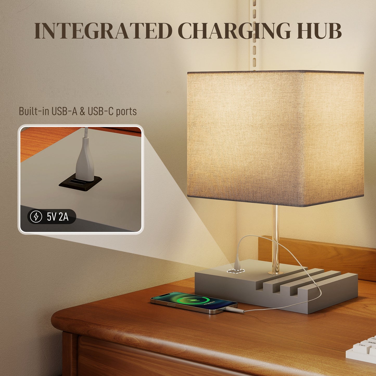 HOMCOM Bedside Lamp With USB A And USB C Ports Three Phone Stands E27 Socket Solid Wood Base Fabric Shade Grey