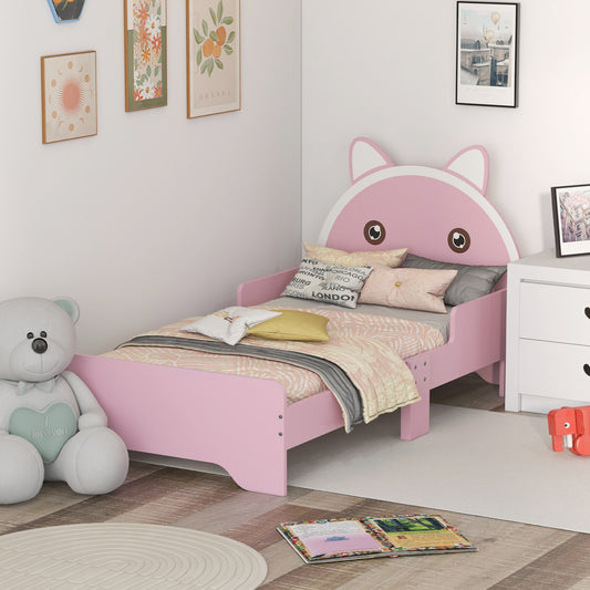 ZONEKIZ Kids Cat-Themed Toddler Bed Frame with Guardrails - Pink, 3-6 Years - ALL4U RETAILER LTD