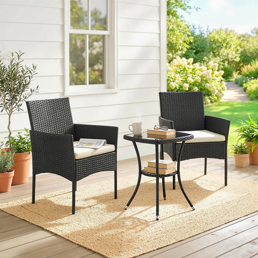 Outsunny 3 Piece Rattan Bistro Set Outdoor Cream White With 2 Tier Glass Top Table And Cushioned Chairs