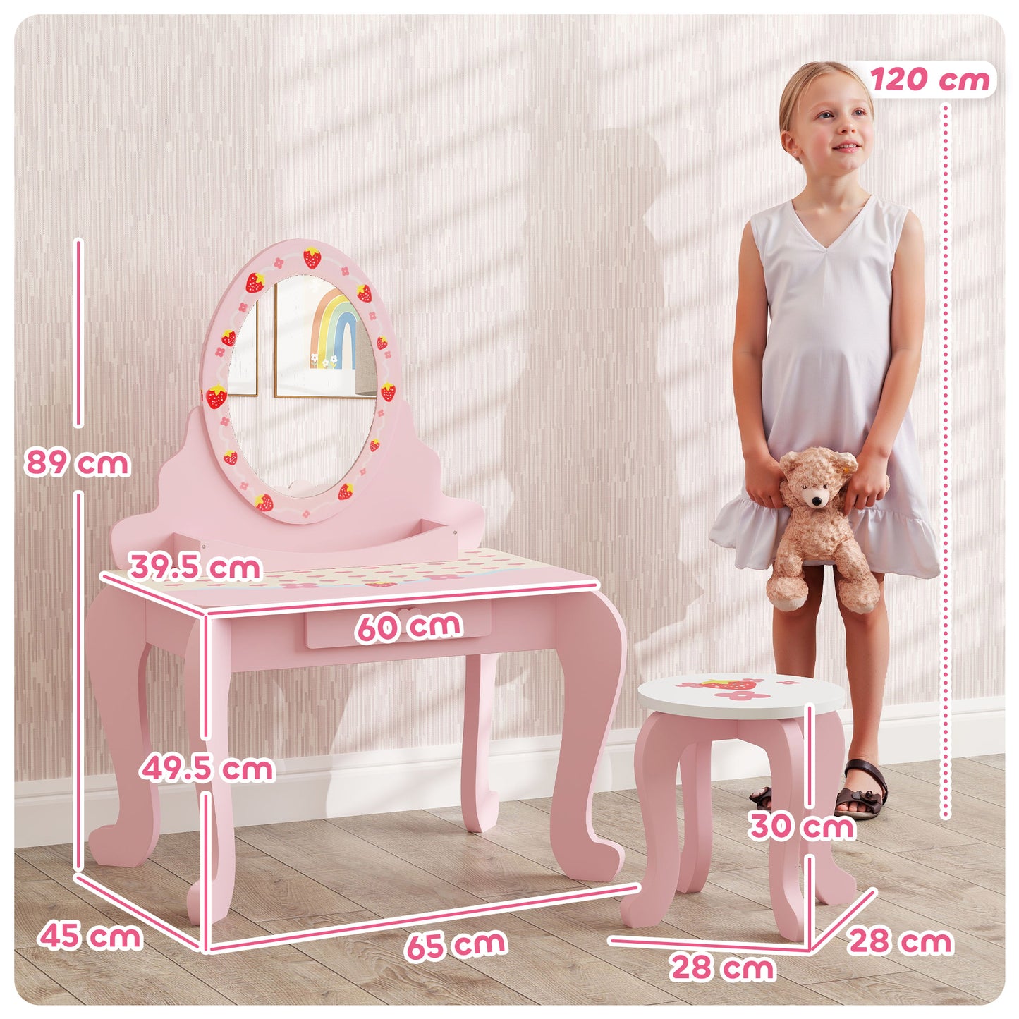 AIYAPLAY Kids Dressing Table Set Vanity With Stool Mirror Drawer Storage Strawberry Theme Pink