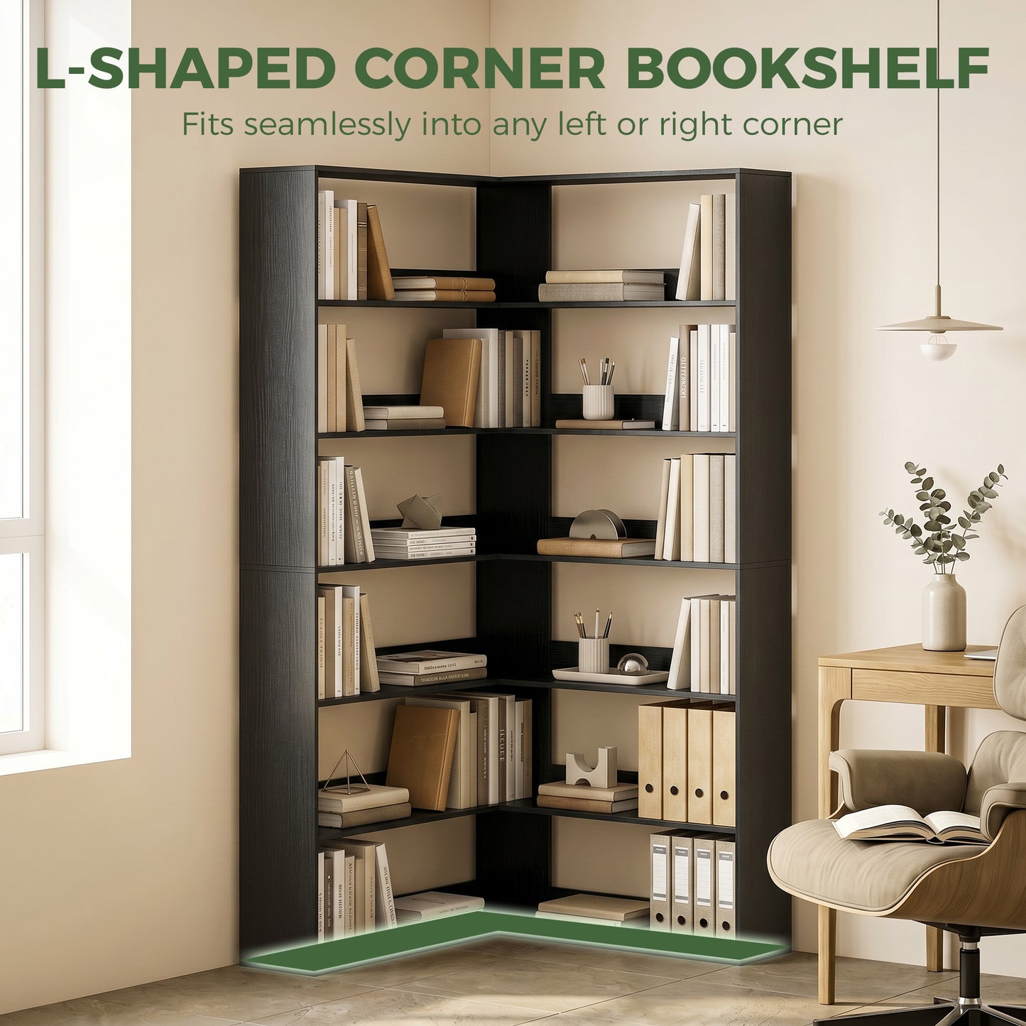 HOMCOM 7 Tier L Shaped Corner Bookshelf with Anti Slip Rear Guard Black Wood Effect 180 Cm Tall
