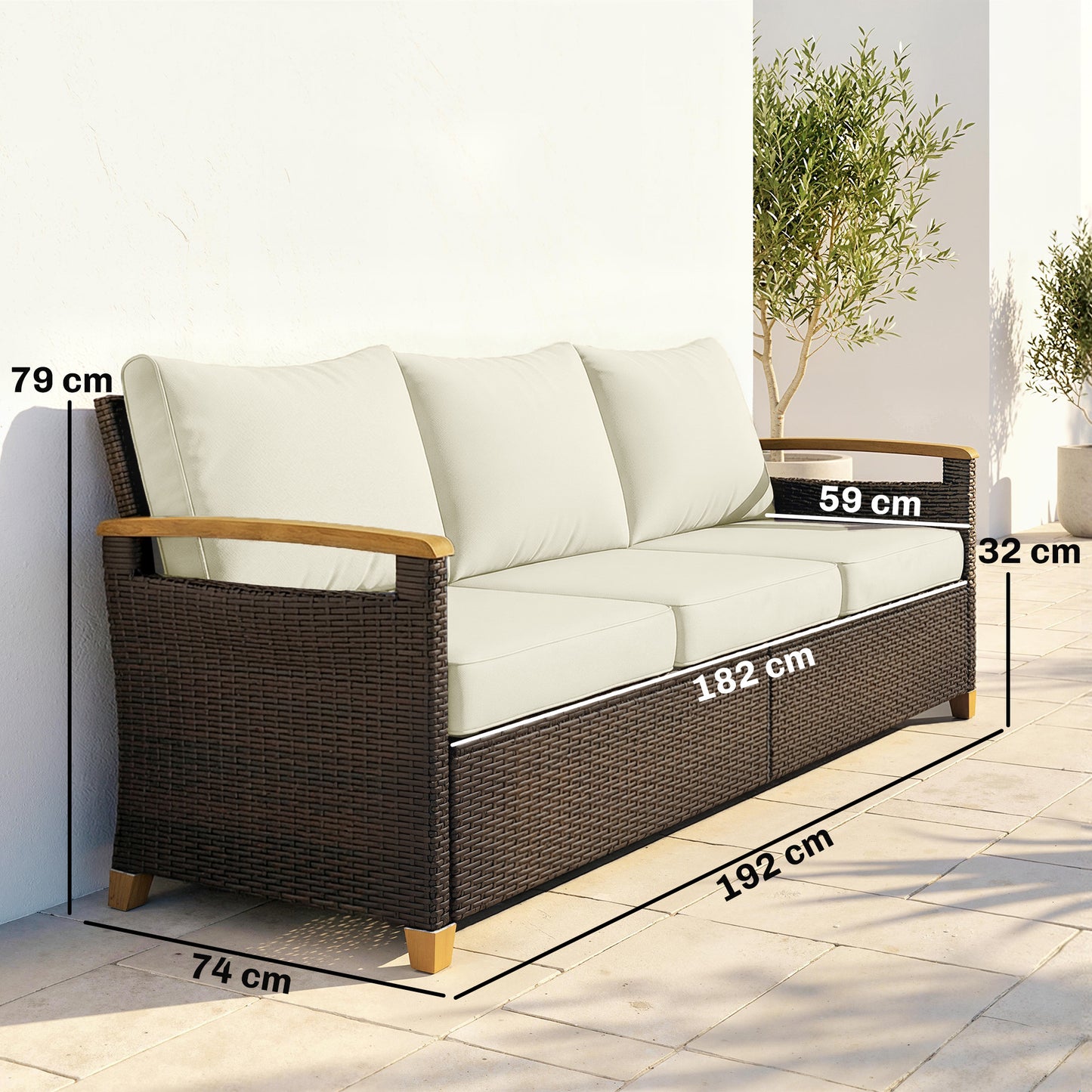 Outsunny 3 Seater Rattan Garden Sofa PE Wicker Outdoor Sofa Wide Deep Seat 4 Inch Cushions Wood Effect Armrests Brown