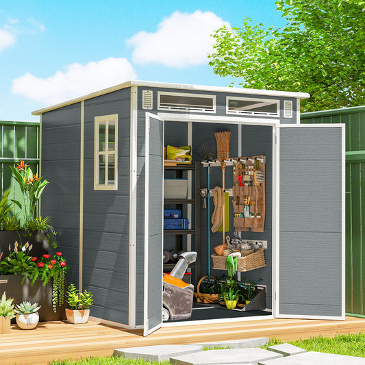Outsunny 6x6 Ft Plastic Garden Shed With Floor Two Windows Vents Lockable Double Doors Grey Wood Effect