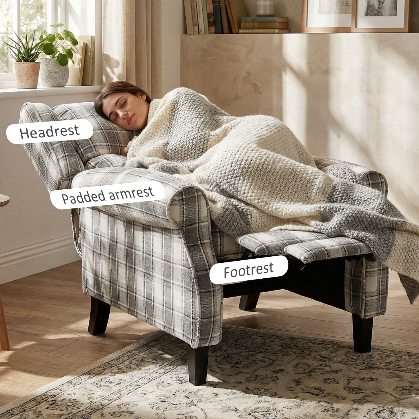 HOMCOM 160 Degree Reclining Armchair With Footrest Gray And White Linen Upholstery