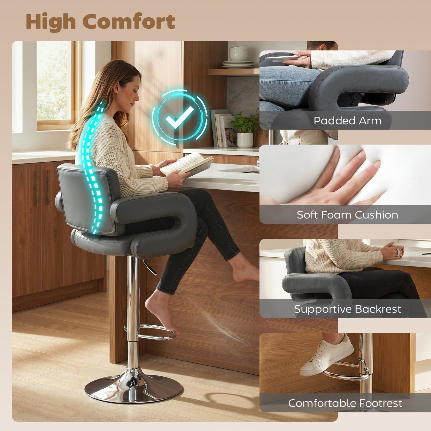 HOMCOM Adjustable Swivel Bar Stools With Backrest And Armrests In PU Leather Grey Set Of 2