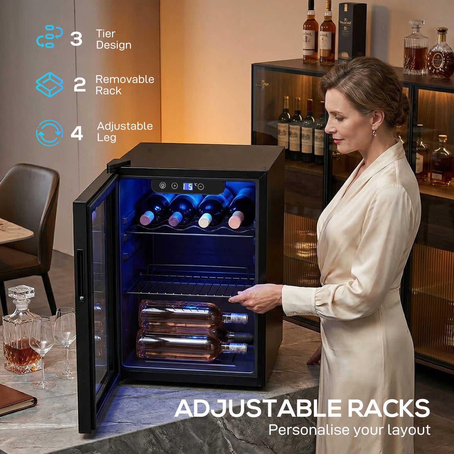 HOMCOM 16 Bottle Wine Cooler 48 Litre Capacity Under Counter Glass Door 4 to 16 Celsius LED Light Black