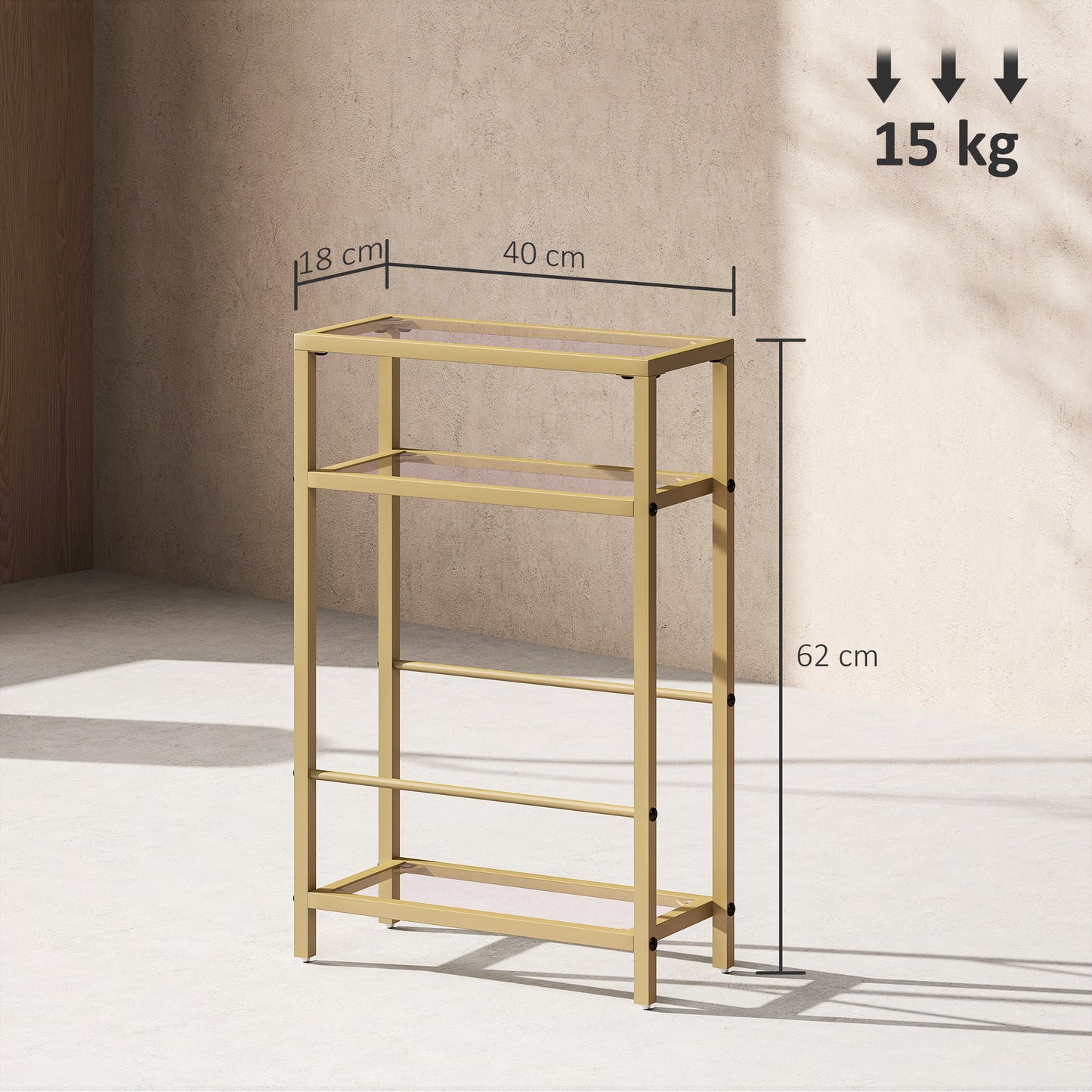 HOMCOM 3-Tier Slim Side Table 18 Cm Wide With Storage Shelf And Tempered Glass Top For Small Spaces Gold Tone